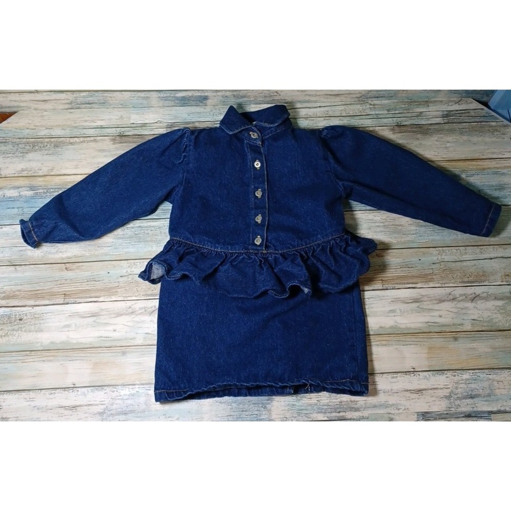 Popsicle Girls Size 3 Peplum Jean Button Up Dress Long Sleeve Blue Denim Vintage